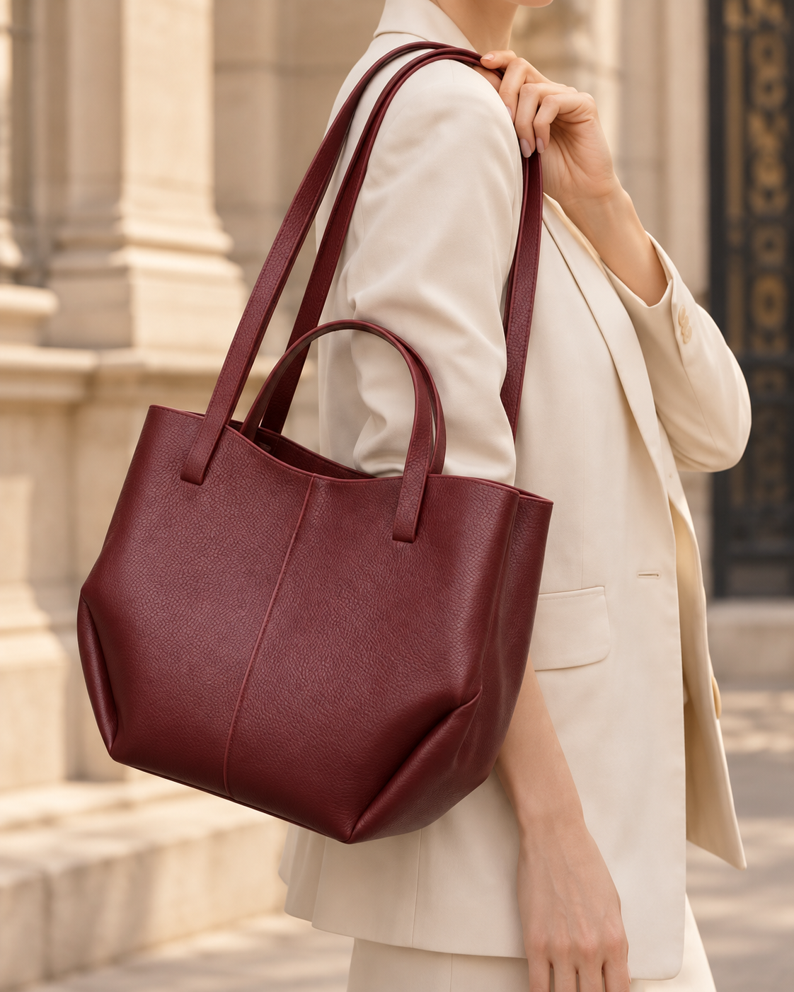 Bordo Juliva tote torba uz krem sako, u elegantnom ambijentu