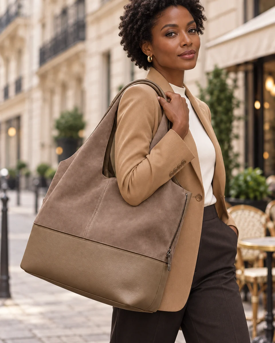 Taupe torba uz model u gradskom ambijentu — AI stilizovana fotografija